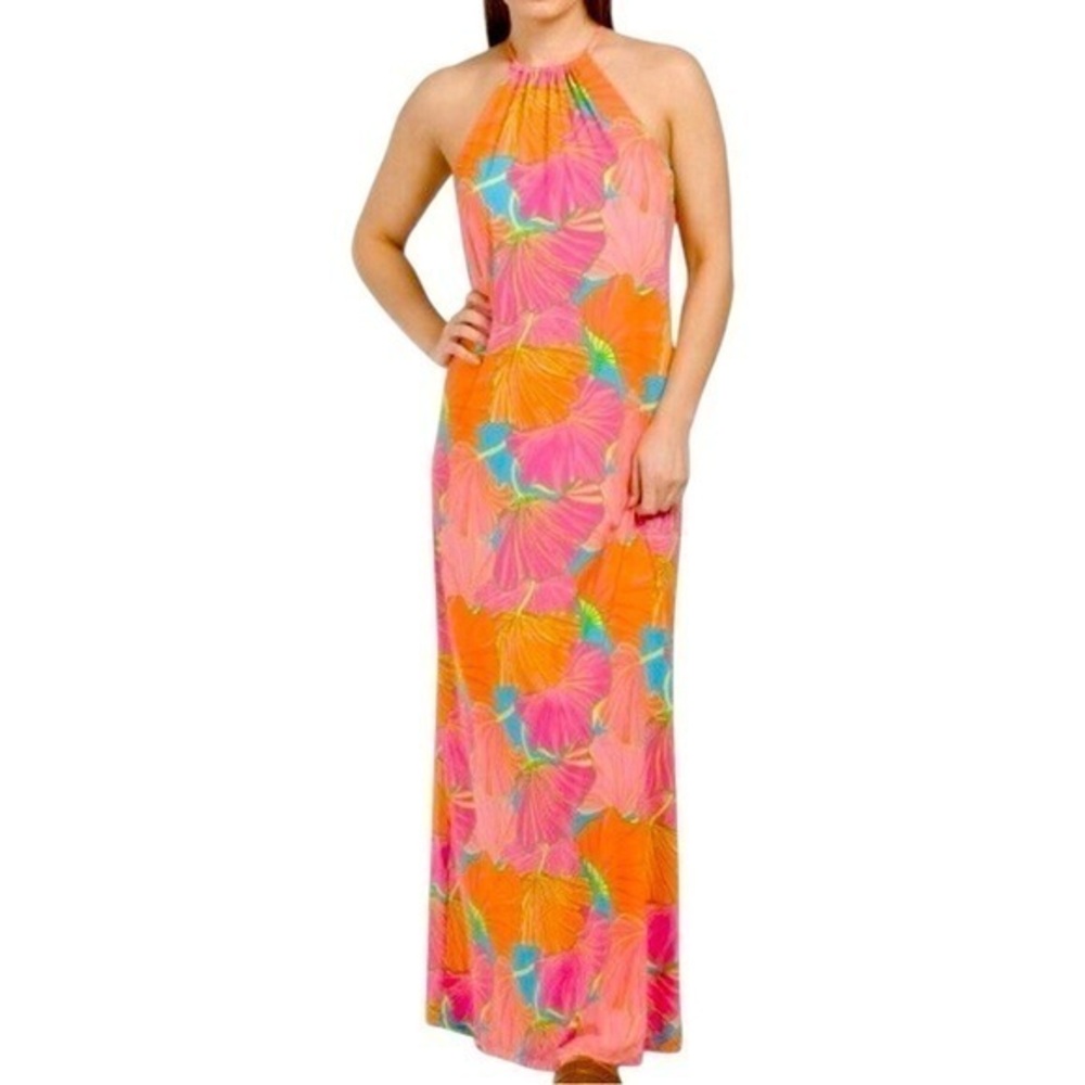 Trina Turk Women’s Size S Orange Milan Gingko Floral Halter Tie Back Maxi Dress